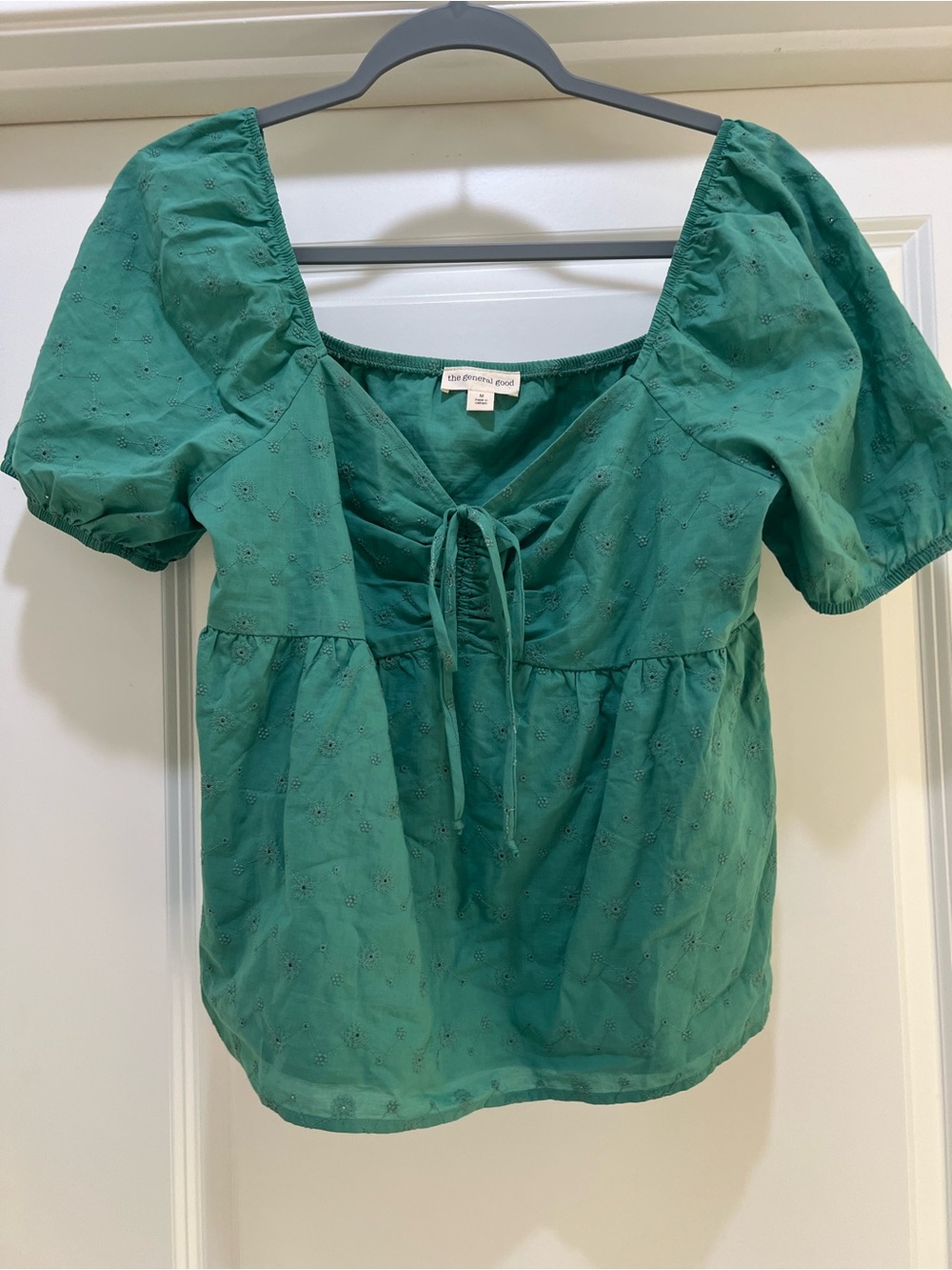 The Great Teal Eyelet Tie-Front Puff Sleeve Blouse